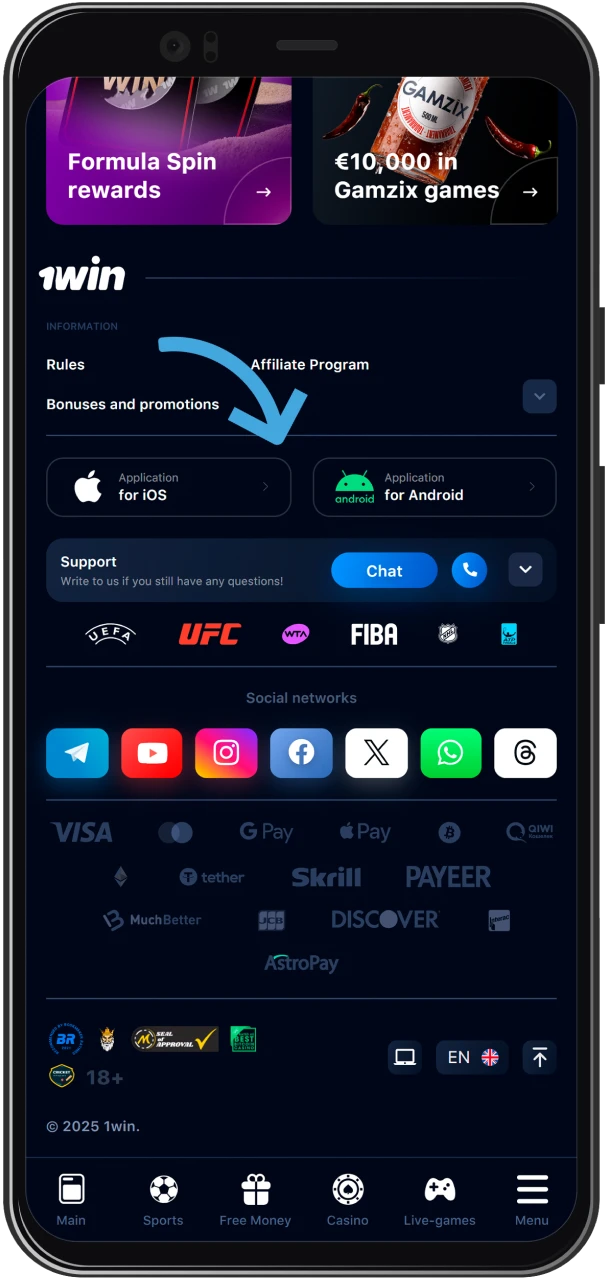Download the 1win mobile app on the platform's official website.