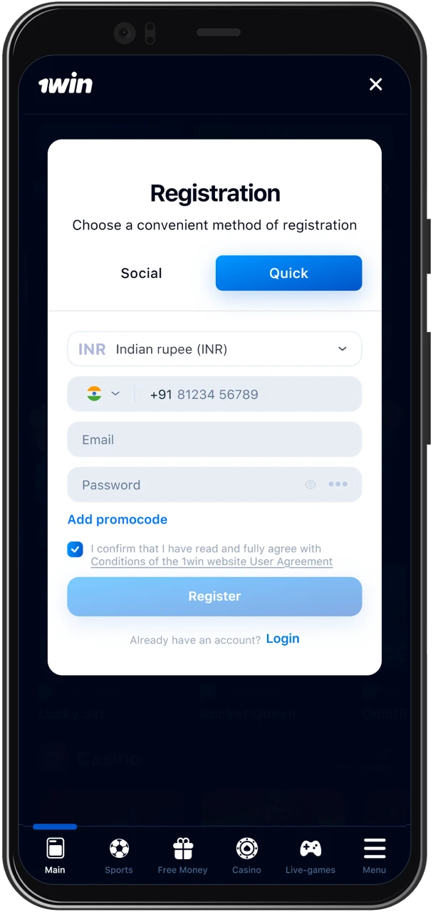 Register an account in the 1win app.