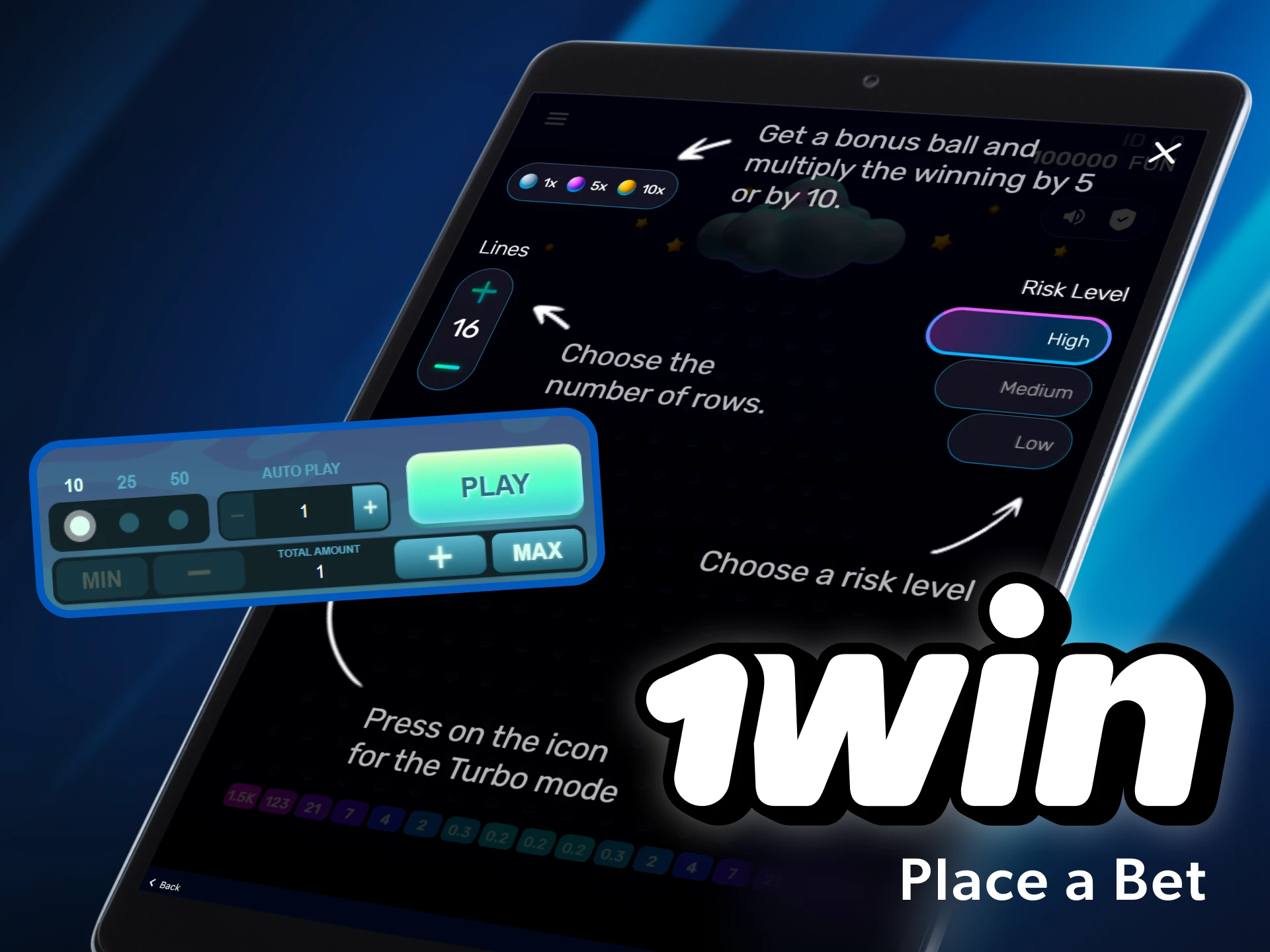 Place bets in the plinko game to win at the 1win online casino.